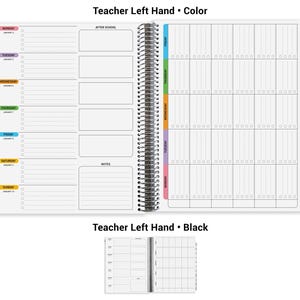 The image is a teacher's hand-sized planner with a black cover, featuring a color-coded left hand section for different activities such as teacher left hand, after school, and color. The layout includes a calendar, a notes section, and a color-coded schedule for each day of the week.