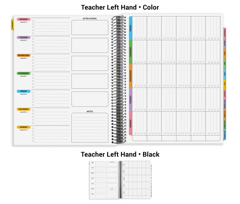 The image is a teacher's hand-sized planner with a black cover, featuring a color-coded left hand section for different activities such as teacher left hand, after school, and color. The layout includes a calendar, a notes section, and a color-coded schedule for each day of the week.