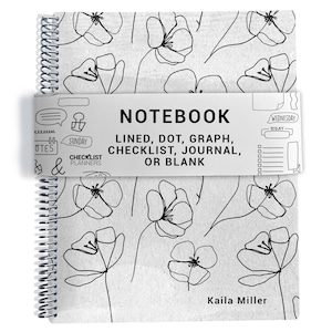 Notebook, Lined, Checklists, Dot Grid, Graph, Journal, Diary, or Blank Pages, Simple Flowers - Silver Coil