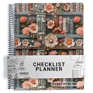 May include: A spiral-bound checklist planner featuring a bookshelf design with various books and layered floral embellishments in shades of pink, peach, and white. A white paper band across the center displays the text CHECKLIST PLANNER and GABBY ROWLING.