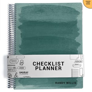 May include: A teal-colored Checklist Planner with a spiral binding. The cover features a watercolor wash design. The planner includes the text "CHECKLIST PLANNER" and the name "RANDY WILLIS". A white band wraps around the planner with icons and text.