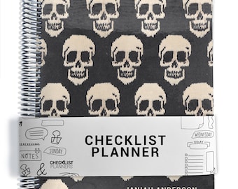 Checklist Planner with Goth Cover, To Do List Planner, 2026-2027, Personalized Weekly Planner, Skull Sweater