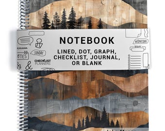 Men's Notebook, Lined, Checklists, Dot Grid, Graph, Journal, Diary, or Blank Pages, Wood Mountains - Silver Coil