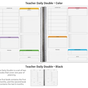The image is a Teacher Daily Double planner with two books, one containing the first 6 months and the other containing the last 6 months. The planner is designed to cover one year of planning.