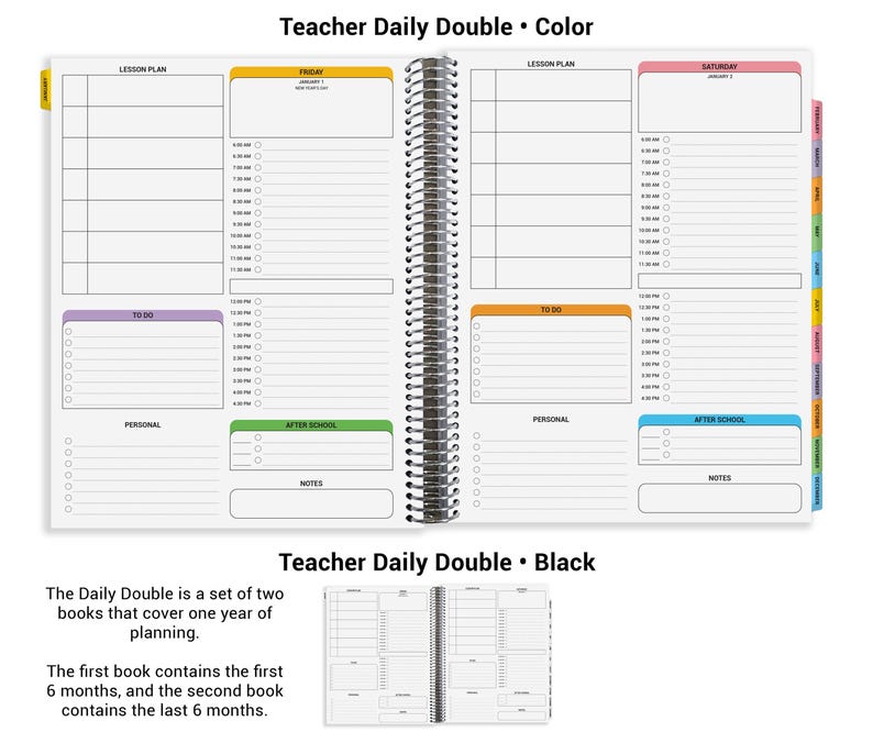 The image is a Teacher Daily Double planner with two books, one containing the first 6 months and the other containing the last 6 months. The planner is designed to cover one year of planning.