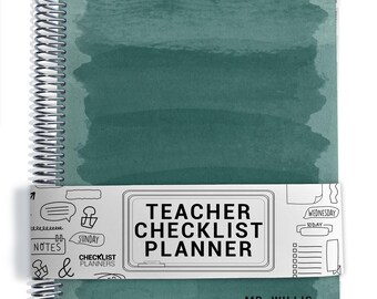 May include: A spiral-bound teacher checklist planner with a teal watercolour-style cover. A white paper band wraps around the centre featuring the text "TEACHER CHECKLIST PLANNER" and "CHECKLIST PLANNERS" with various hand-drawn icons. The name "MR. WILLIS" is printed in the bottom right corner.