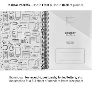 a spiral-bound notebook with two clear pockets, one in front and one in back of a planner. The notebook has a black and white design with various icons and text, and it appears to be too small to fit a full sheet of standard letter-size paper.