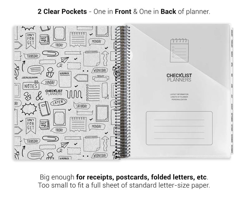 a spiral-bound notebook with two clear pockets, one in front and one in back of a planner. The notebook has a black and white design with various icons and text, and it appears to be too small to fit a full sheet of standard letter-size paper.