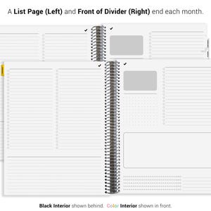 The image is a page from a planner or notebook, featuring a list page with blank spaces for writing down tasks or ideas, and a front divider page with blank spaces for organizing and separating different sections.