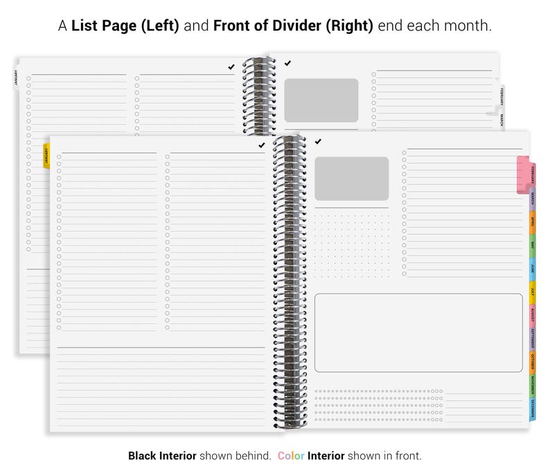 The image is a page from a planner or notebook, featuring a list page with blank spaces for writing down tasks or ideas, and a front divider page with blank spaces for organizing and separating different sections.