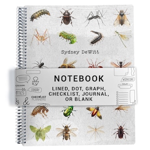 May include: Spiral-bound notebook featuring a variety of insect illustrations on the cover. The notebook has a white band with the word "NOTEBOOK" and options for lined, dot, graph, checklist, journal, or blank pages. The author's name, Sydney DeWitt, is also visible.
