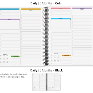 The image is a daily planner with a 6-month schedule, divided into daily, weekly, and monthly sections. The planner has a black cover and is divided into sections for daily tasks, weekly tasks, and monthly tasks. The layout includes a calendar section for dates and a section for notes. The image is a collage of multiple images, and the text is limited to describing the main elements of the image without redundancy or vague wording.