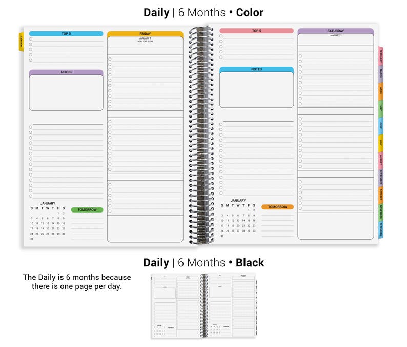 The image is a daily planner with a 6-month schedule, divided into daily, weekly, and monthly sections. The planner has a black cover and is divided into sections for daily tasks, weekly tasks, and monthly tasks. The layout includes a calendar section for dates and a section for notes. The image is a collage of multiple images, and the text is limited to describing the main elements of the image without redundancy or vague wording.