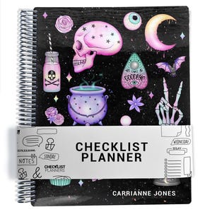 May include: A spiral-bound planner with a black cover featuring pink and purple illustrations of a skull, crescent moon, cauldron, eyeball, bat, and skeleton hand. A white paper band across the center reads CHECKLIST PLANNER.