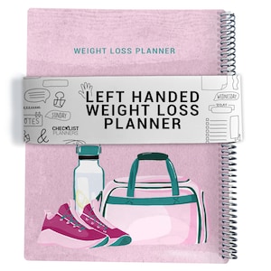May include: A pink weight loss planner with the text "WEIGHT LOSS PLANNER" and "LEFT HANDED WEIGHT LOSS PLANNER". The image includes a water bottle, a pink gym bag, and pink trainers.
