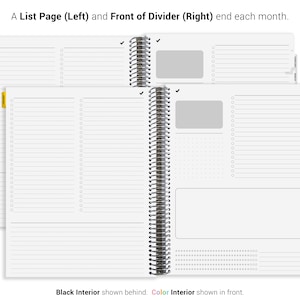 The image is a page from a planner or notebook, featuring a list page with blank spaces for writing down tasks or ideas, and a front divider page with blank spaces for organizing and separating different sections.