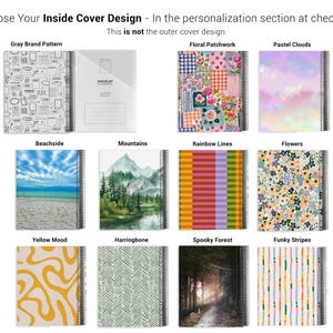 a variety of colorful and patterned notebooks, each with a different design, including a gray brand pattern, floral patchwork, pastel clouds, and other unique patterns.