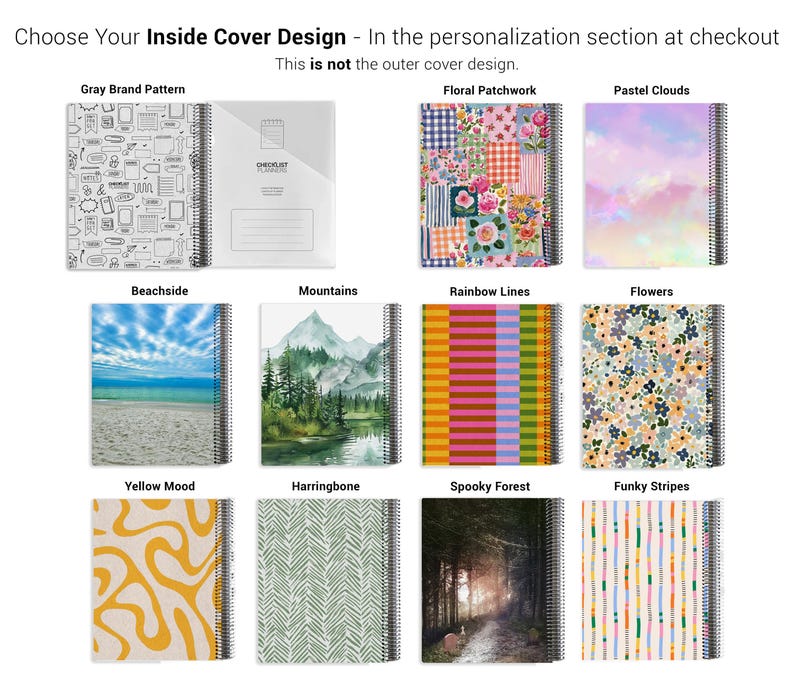 a variety of colorful and patterned notebooks, each with a different design, including a gray brand pattern, floral patchwork, pastel clouds, and other unique patterns.
