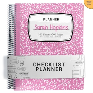 May include: A spiral-bound planner with a pink and white speckled cover. The center label reads PLANNER, Sarah Hopkins, 100 Sheets, 200 Pages, 8.5 x 11 inches. A white belly band features the text CHECKLIST PLANNER and various icons.