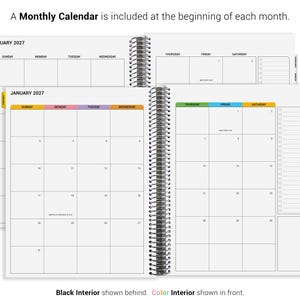 The image is a Monthly Calendar that is included at the beginning of each month. It is a spiral-bound notebook with a black interior and a color interior. The calendar displays the days of the week and months of the year, providing a structured overview of the upcoming months. The calendar is designed to help users plan and organize their time effectively.