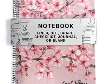 Notebook, Lined, Checklists, Dot Grid, Graph, Journal, Diary, or Blank Pages, Cherry Blossoms - Silver Coil