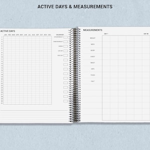 a notebook with the words active days and measurements on it