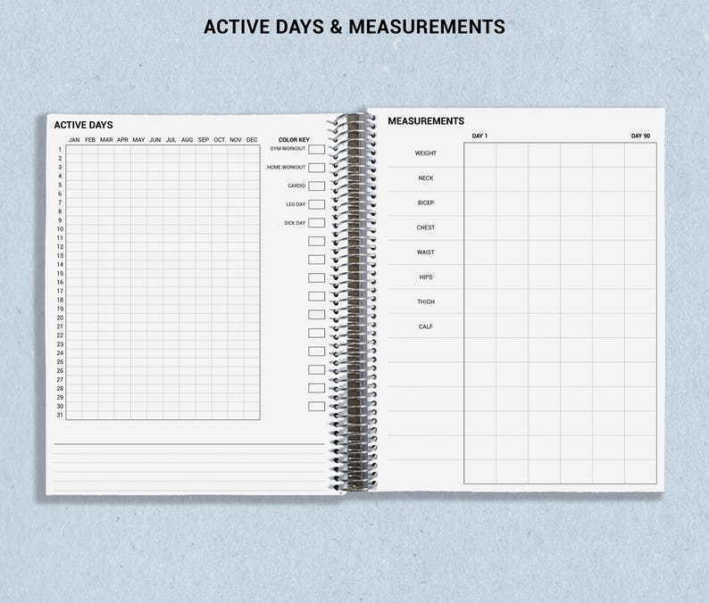 a notebook with the words active days and measurements on it