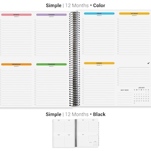 The image is a 12-Month Simple planner with a black cover, featuring a spiral binding and a color-coded layout. The layout includes a calendar section for tracking dates and a daily planner section for organizing tasks and appointments. The cover displays the title "Simple | 12 Months | Black" and the phrase "Simple | 12 Months | Black" is written in the bottom right corner.