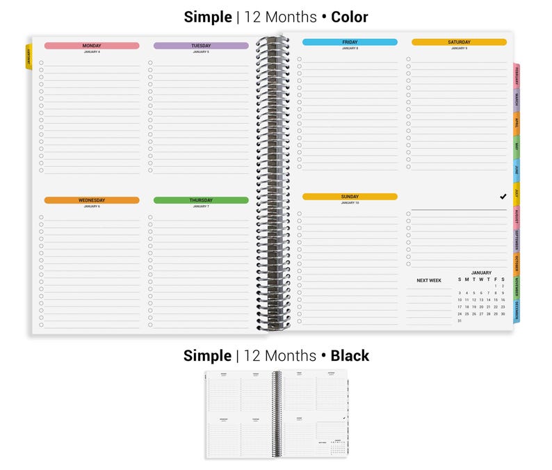 The image is a 12-Month Simple planner with a black cover, featuring a spiral binding and a color-coded layout. The layout includes a calendar section for tracking dates and a daily planner section for organizing tasks and appointments. The cover displays the title "Simple | 12 Months | Black" and the phrase "Simple | 12 Months | Black" is written in the bottom right corner.