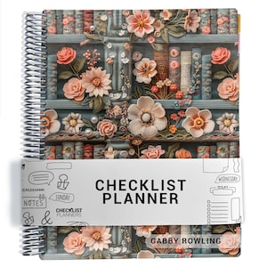 May include: A spiral-bound planner featuring a cover with a bookshelf design adorned with embroidered-style flowers and pearls. A white paper band wraps around the center, printed with the text CHECKLIST PLANNER and GABBY ROWLING.