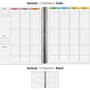 The image is a 12-Month Spiral Planner with a black cover, featuring a calendar for January to December, a habit tracking system, and a section for the next week.