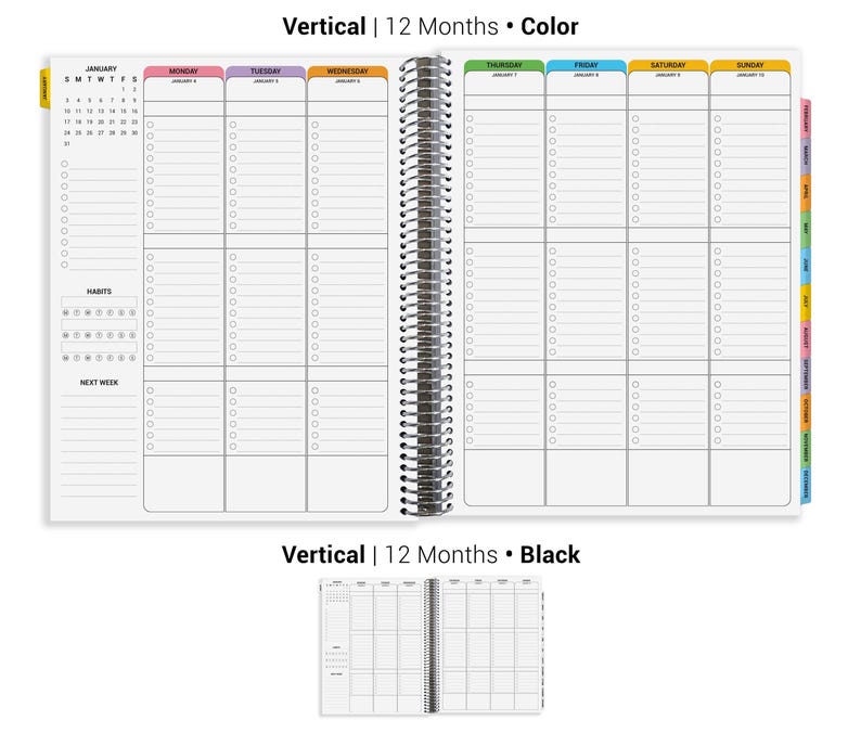 The image is a 12-Month Spiral Planner with a black cover, featuring a calendar for January to December, a habit tracking system, and a section for the next week.