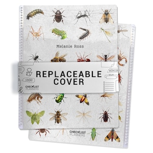 May include: Two spiral-bound notebooks with insect illustrations. The top notebook has a white band that reads "REPLACEABLE COVER" in bold black letters. The notebooks are from "CHECKLIST PLANNERS" and are designed by "Melanie Ross."