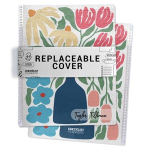 May include: A stack of floral-patterned planner covers with the text "REPLACEABLE COVER". The covers feature a variety of colourful flowers and leaves in pink, blue, and yellow. The planner is from Checklist Planners.