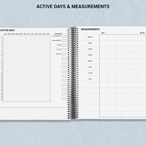 a notebook with the words active days and measurements on it