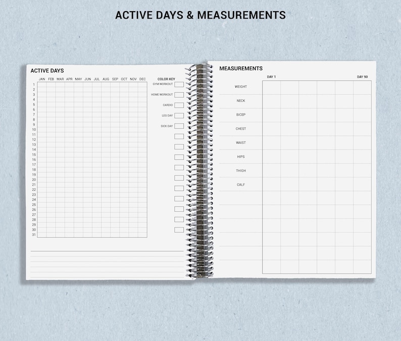 a notebook with the words active days and measurements on it