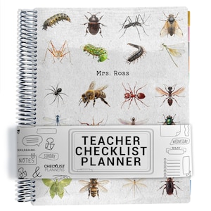 May include: A spiral-bound teacher checklist planner with a light gray cover featuring various insect illustrations. The planner includes the text "Mrs. Ross" and "Teacher Checklist Planner" on the cover. A band around the planner has the text "Notes", "Sunday", and "Wednesday".