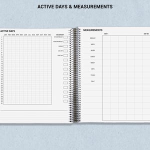 a notebook with the words active days and measurements on it