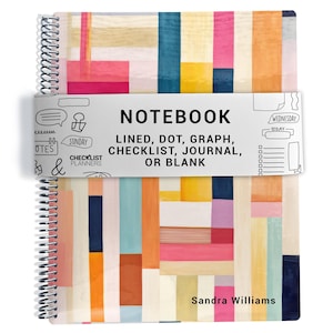 May include: A spiral-bound notebook featuring a colorful pattern of vertical and horizontal rectangles in shades of pink, orange, yellow, blue, and white. A white paper band across the center displays the text NOTEBOOK LINED, DOT, GRAPH, CHECKLIST, JOURNAL, OR BLANK and the name Sandra Williams.
