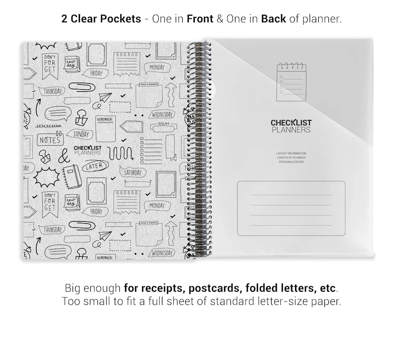 a spiral-bound notebook with two clear pockets, one in front and one in back of a planner. The notebook has a black and white design with various icons and text, and it is too small to fit a full sheet of standard letter-size paper.