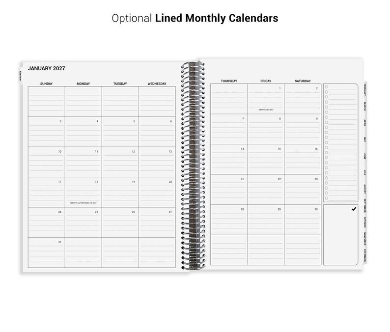 The image is a spiral-bound notebook with a calendar page for January 2021. The page is divided into two columns, with the left column listing the days of the week and the right column listing the days of the month. The page also includes a section for a to-do list and a section for a calendar for the month of January.