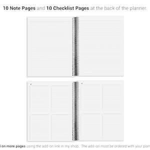 a spiral-bound notebook with blank pages, accompanied by text that provides information about the notebook, such as the number of pages and a list of items.