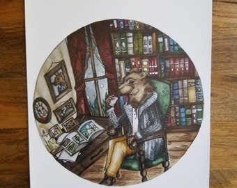 Illustrated Library Bear 8 x 11 Print