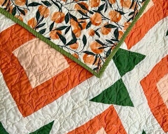 SUMMER PEACHES handmade contemporary cotton throw quilt 51 x 51 finished and ready for you