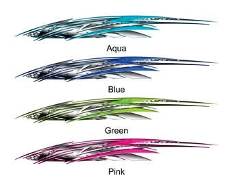 May include: Four different colored graphic designs with a silver metallic look. The designs are in aqua, blue, green, and pink.