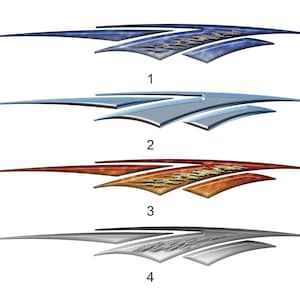 May include: Four different designs of a car decal with a blue, silver, orange, and gray color scheme. Each decal has a curved, layered design with a textured pattern.