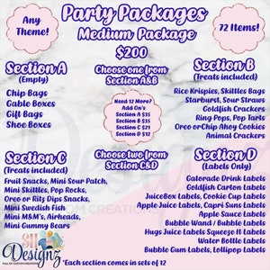 SHD Medium Party Packages - Snack Favors - Party Favors - Candy Favors  - Printed - Assembled