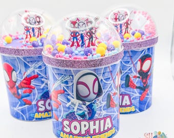 Ghost Spider Birthday Party Chip Can Shakers. Gwen and Her Amazing Friends Birthday Party Favors Treats, Ghost Spider Party