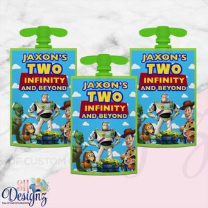 Two Infinity and Beyond Applesauce Labels, Toy Story Labels, Buzz Lightyear, Woody, Pizza Planet, Two Infinity and Beyond