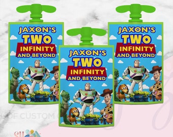 Two Infinity and Beyond Applesauce Labels, Toy Story Labels, Buzz Lightyear, Woody, Pizza Planet, Two Infinity and Beyond